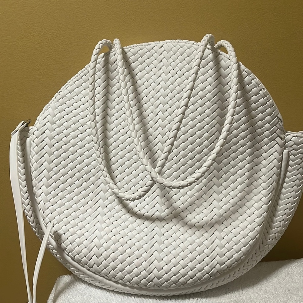 Anthropologie woven faux leather round tote with crossbody strap